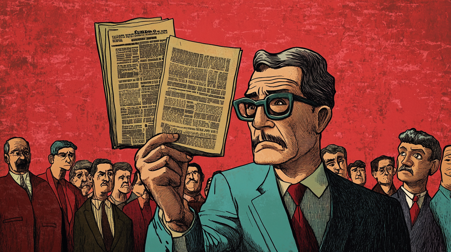 Ilustración que hace alusión a la compra de la marca Unomásuno a través de una subasta.